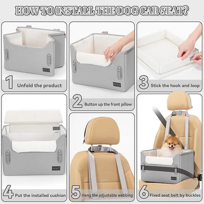 PETSFIT Dog Booster Seat, Portable Dog Car Seats for Small Dogs with Clip-On Leash, Patented Safe Buckles, Dog Booster Car Seat Suitable for Small Pets Up to 25lbs (Light Grey)