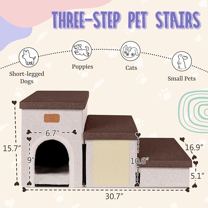 downluxe Dog Stairs for Small Dogs, Foldable Dog Steps for Bed, Sofa and Chair, Non-Slip Pet Steps with Cat Scratcher and Condo (3-Step Pet Stairs, Brown-Beige)