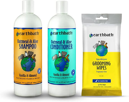 earthbath, Oatmeal & Aloe Dog Shampoo and Conditioner Set & Hypo-Allergenic Grooming Wipes - Oatmeal Shampoo for Dogs, Fragrance Free Dog Wipes for Paws and Butt, Cruelty-Free - 16 Oz Each, 30 Wipes