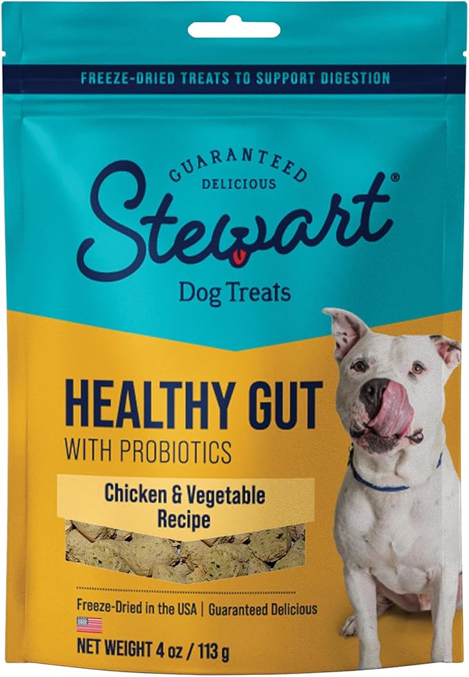 Stewart Freeze Dried Dog Treats, Healthy Gut Chicken & Vegetable, Gut Health Probiotics, Grain Free, 4 Ounce Resealable Pouch, Made in USA