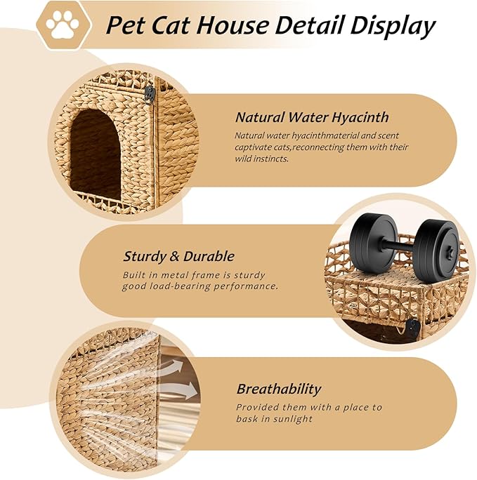 Cat House, Natural Cat Cave Pet Cube, Handwoven Cat Beds Indoor Cat Hideaway with Bed Mats, Double-Layer Design, for Multi Small Pet in Living Room Bedroom