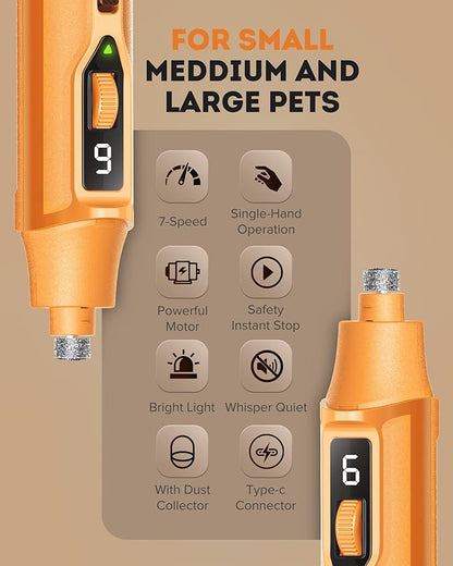 YABIFE 7-Speed Dog Nail Trimmers, Professional Dog Nail Grinder with Light - Heavy Duty Pet Nail Grinder for Dogs/Cats/Birds/Small Animals - Whisper Quiet, Single Hand Operation