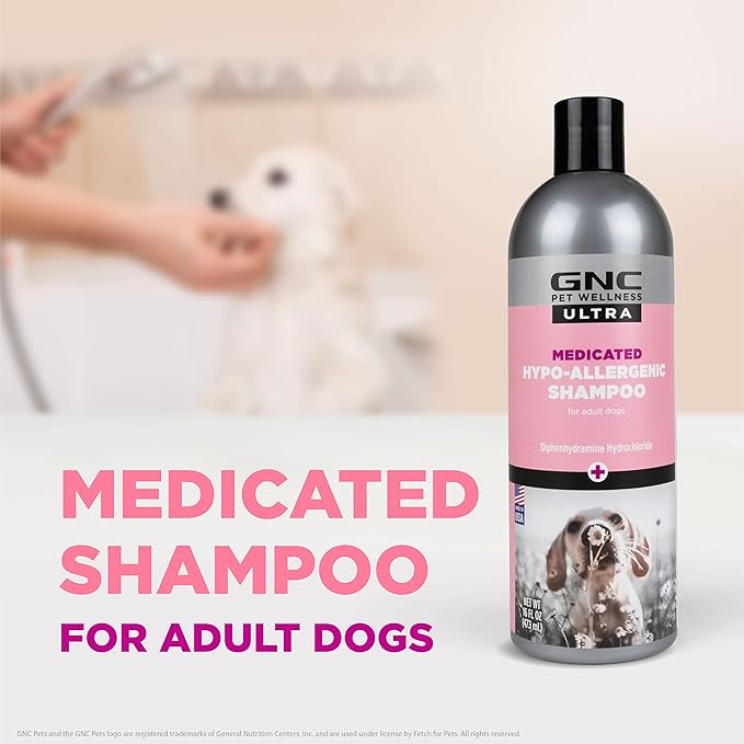 GNC Ultra Medicated Hypo-Allergenic Shampoo 16oz | Medicated Relief Shampoo for Dogs Hypoallergenic Sensitive Skin | GNC Shampoo for Dogs with Sensitive Skin & Allergies | Fragrance-Free Dog Shampoo
