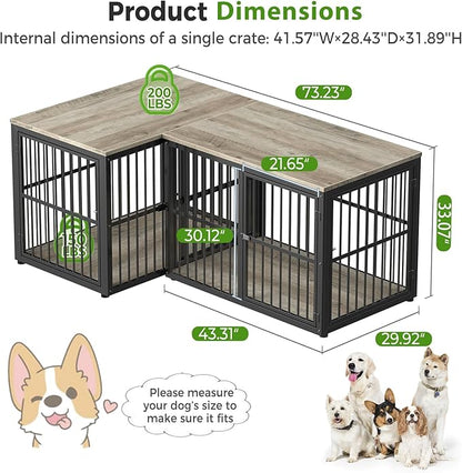 43'' L-Shaped Corner Dog Crate Furniture Large Breed with Double Rooms,Wooden Dog Crate End Table Indoor with Removable Divider for Small to Medium Dogs, Can Use Separately