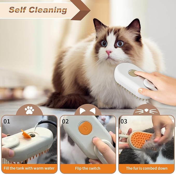 Steamy Cat Brush,3 In 1 Steamy Pet Brush,Cat Hair Brush With Steamer,Cat Comb With Steam,Cat Steamer Brush For Shedding,Steam Brush For Pets (white)