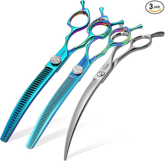 45°Curved Dog Grooming Scissors Curved Thinning Shears Curved Chunkers Dog Shears 3Pcs Combo (Turquoise)
