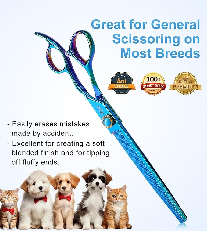 7.5'' Dog Thinning Scissors for Grooming 440C Stainless Steel Green Professional Pet Trimming Scissors Sharp Blades Cutting for Dogs and Cats Shears