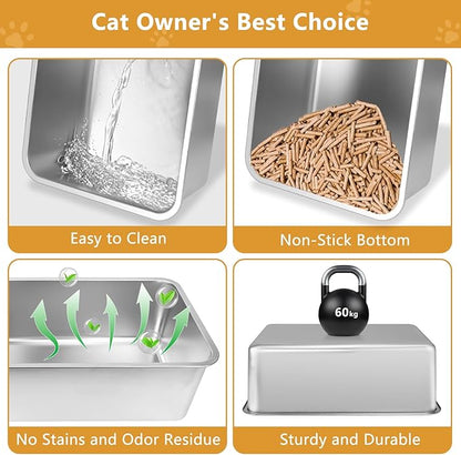 ELEGX Pine Litter Sifting Cat Litter Box, 4-in-1 Cat Metal Litter Box Set,Enclosed Removable Metal Litter Box with Screen Mesh,High Sided Enclosure,Mat & Scoop (Grey)