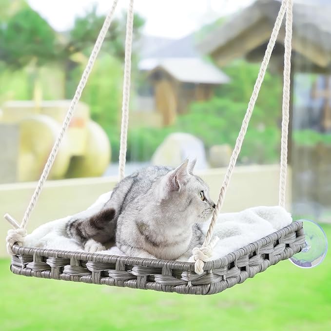 Cat Window Perch, Cat Window Hammock Bed for Indoor Cats, Large Handwoven PE Rattan Window Seat, 4 Suction Cups, Double Sided Washable Cushion Bed, 2.3 Inch Fence Shelf, for Pet Kittens Gray