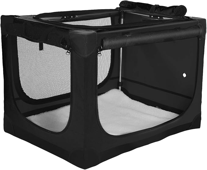 30-Inch Collapsible Travel Dog Crate, Portable 4-Door Soft Kennel for Medium to Large Dogs, Chew-Proof Mesh Windows, Indoor/Outdoor Use, Foldable, with Storage Bag (Black)