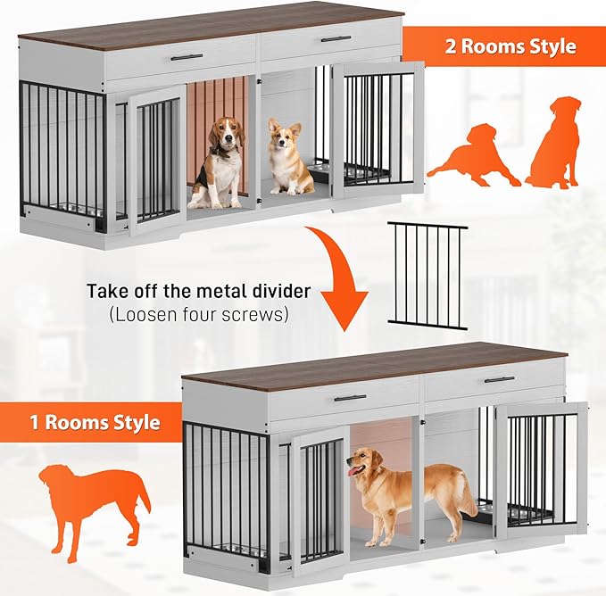 Rophefx 72" Dog Crate Furniture for 2 Dogs, Large Dog Kennel Furniture with 2 Storage Drawer and Removable Divider, Wooden Dog Cage with 4 Bowls, Indoor Dog House TV Stand for Medium Dog, White