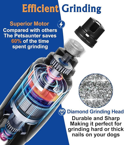 Dog Nail Grinder, Dog Nail Trimmers and Clippers Kit, 2-Speed and LED Light, Powerful Touch-Switch, Quiet and Low-Vibration Pet Nail Trimmers for Large Dogs, Medium, Small Dogs Cats Pets