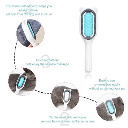 WishLotus Pet Cleaning Hair Removal Comb, 4 in 1 Universal Cat Brush Multifunctional Portable Stylish Durable Pet Comb Brush, Bristle Tool for Cleaning Cat and Dog Hair and Grooming (Blue)