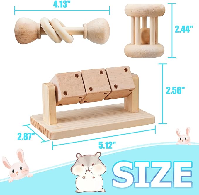 3 Pcs Wooden Hamster Enrichment Toys, Guinea Pig Chew Toys for Syrian & Dwarf Hamsters,Rabbits, Gerbils, Rats, Chinchillas, Small Animals Playing Teeth Grinding Indoor Outdoor