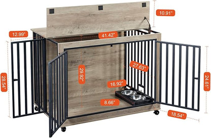 Dog Crate Furniture, Dog House Indoor with Feeding Bowl and Wheels, Wood Dog Crate Dog Kennels Decorative Dog Crate for Small Medium Dogs Grey 43.7" W x 30" D x 33.7" H One Size