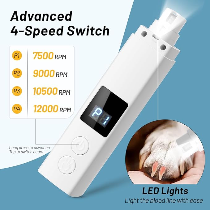 4-Speed Dog Nail Grinder, Professional Dog Nail Trimmers with UV Light & Battery Level Display, Rechargeable Painless Smoothing Quiet Pet Nail Grinder for Small Medium Large Dogs and Cat