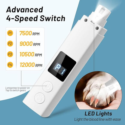 4-Speed Dog Nail Grinder, Professional Dog Nail Trimmers with UV Light & Battery Level Display, Rechargeable Painless Smoothing Quiet Pet Nail Grinder for Small Medium Large Dogs and Cat