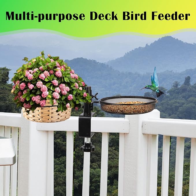 Deck Bird Feeders with Metal Mesh Tray and 2 Water Bowls - Detachable Adjustable Heavy Duty Clamp Bracket, Rail Bird Bath Balcony Porch Railing Feeder Perfect for Attracting Birds.