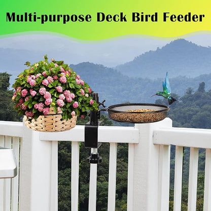 Deck Bird Feeders with Metal Mesh Tray and 2 Water Bowls - Detachable Adjustable Heavy Duty Clamp Bracket, Rail Bird Bath Balcony Porch Railing Feeder Perfect for Attracting Birds.