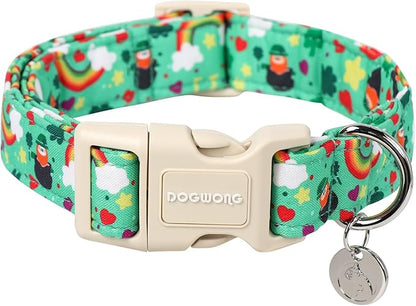 DOGWONG St. Patrick's Day Dog Collar, Lucky Clover Shamrock Green Dog Collar Soft Durable Adjustable Costume Bright Lucky Charm Puppy Collar for Small Medium Large Dog