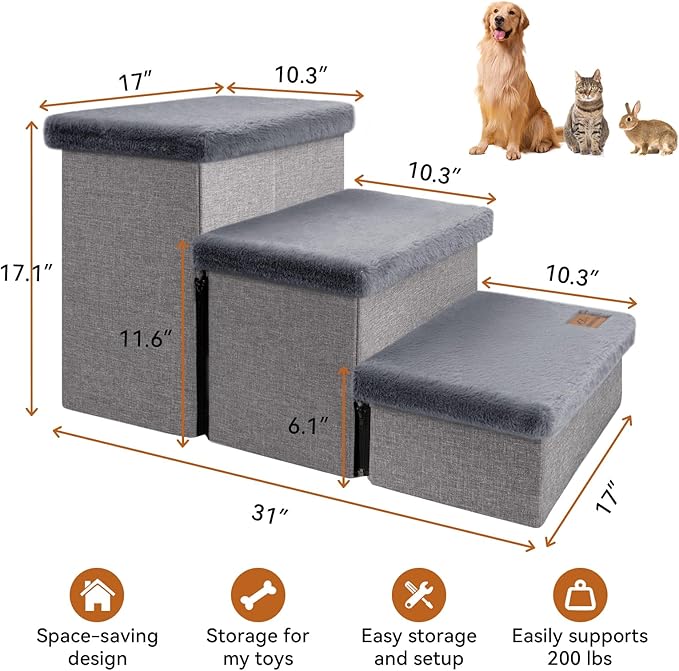 Dog Stairs with Furry Lids 17.5" H, 3-Step Wider Dog Steps with Storage for Small/Medium/Large Dogs Cats, Folding Sturdy Pet Stairs Climbing Bed or Sofa, Dog Ramp for Car Hold Up to 200 lbs, Grey
