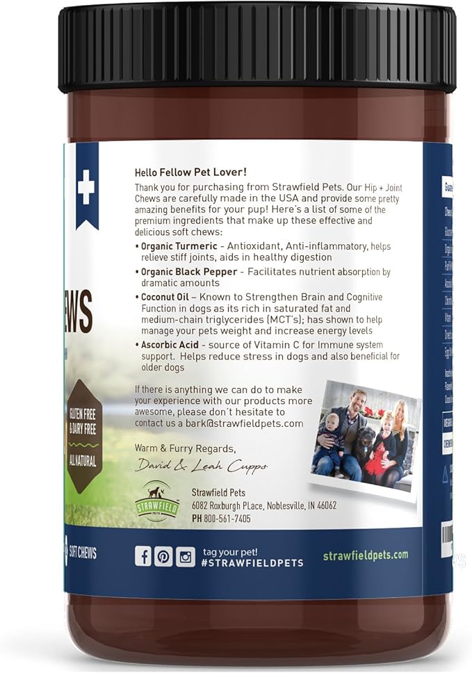 Strawfield Pets Hip + Joint Chews for Dogs Advanced Dog Joint Supplement with Glucosamine Tasty Healthy Mobility Treats Bacon Flavor 120 Count