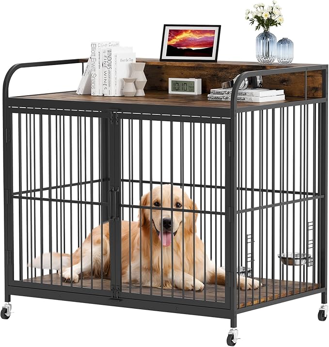 Dog Crate Furniture, Wooden Dog Crate End Table with Adjustable Height & 360° Rotating Feeder, Dog Kennel Indoor with 360° Wheels for Small Dogs, Heavy Duty Dog Crate (31.96''L x 20.47''W x 31.49''H)
