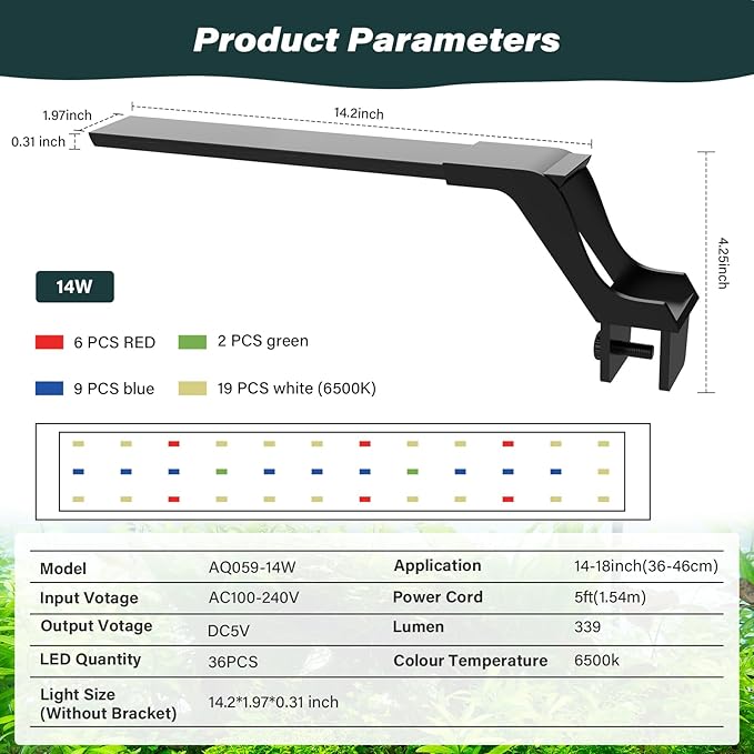 AQQA Aquarium Clip On Light,Fish Tank Full Spectrum LED Light,24/7 Sunrise Sunrise Mode+10 Adjustable Brightness Levels+Detachable Bracket+RGB LEDs + USB and Adapter,for Freshwater (14W)