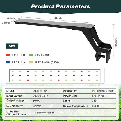 AQQA Aquarium Clip On Light,Fish Tank Full Spectrum LED Light,24/7 Sunrise Sunrise Mode+10 Adjustable Brightness Levels+Detachable Bracket+RGB LEDs + USB and Adapter,for Freshwater (14W)