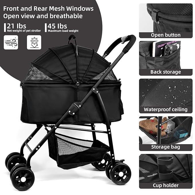 Pet Stroller 3 in 1 Folding Lightweight Dog Stroller with Detachable Carrier & Storage Basket, Premium 4 Wheels Travel Stroller for Small/Medium Pet (Black)