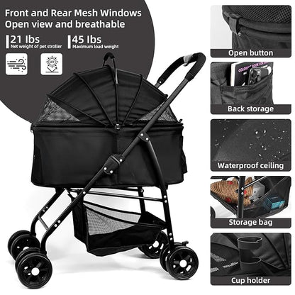 Pet Stroller 3 in 1 Folding Lightweight Dog Stroller with Detachable Carrier & Storage Basket, Premium 4 Wheels Travel Stroller for Small/Medium Pet (Black)