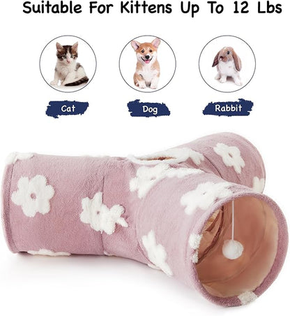 Tempcore Flannel Pet Cat Tunnel Tube Cat Toys 3 Way Collapsible, Cat Tunnels for Indoor Cats, Kitty Tunnel Bored Pet Toys Peek Hole Toy Ball Puppy, Kitty, Kitten, Rabbit Daisy Burlwood