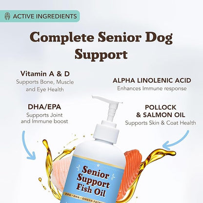 Natural Dog Company Omega 3 Fish Oil for Senior Dogs Supplement – Support Mobility, Skin, Coat, Heart & Brain, with Turmeric, Salmon & Fish Oil for Aging Dogs, Liquid Canine Supplement, 16oz