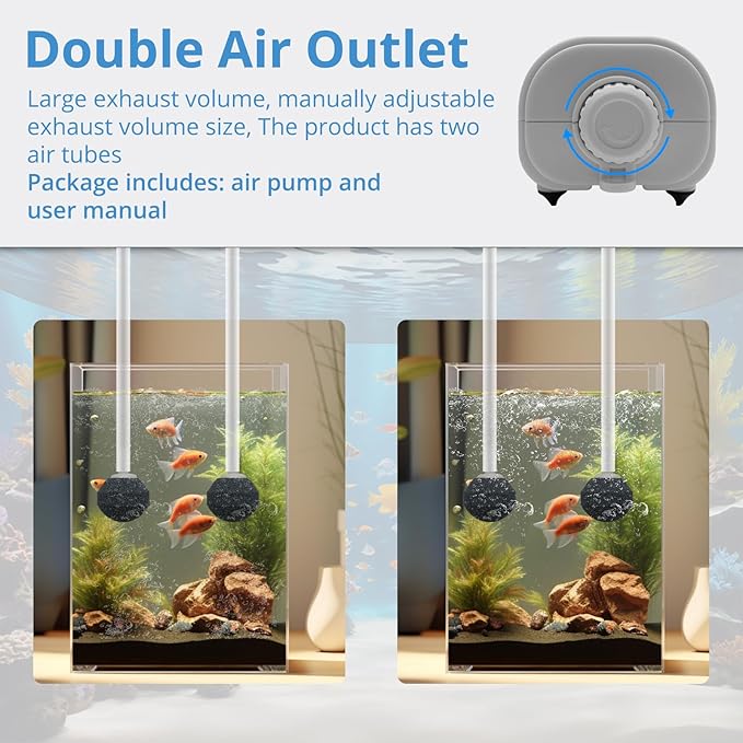 Aquarium Air Pump for Fish Tank, 2 Outlets Adjustable Bubbler, Ultra Quiet & Powerful (3W/5W/10W), Includes Air Stones/Tubing/Check Valve, 108GPH-260GPH for 300-600 Gallon Tanks