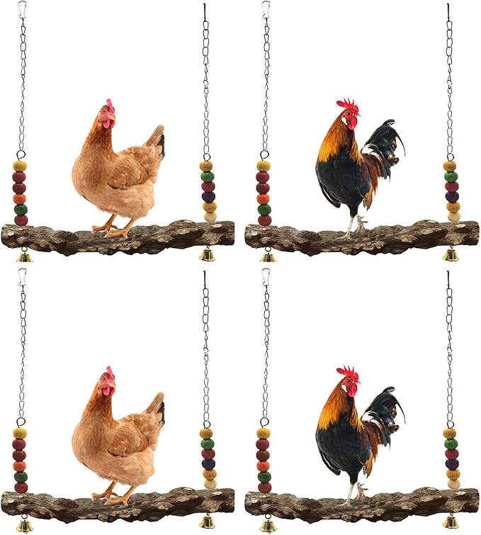 Chicken Bird Swing,Chicken Perch,Natural Wooden Swing Toys,Wood Stand for Chick,Safe and Relief of Stress,Chicken Coop Accessories,Coop Swing for Chicken Bird,Parrot,Hens (4pcs)