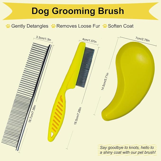 3 PCS Puppy Brush Grooming Kit, Stainless Steel Flea Comb, Fit for Yorkie, Shih Tzu, Maltipoo, Soft Bristle (Yellow)