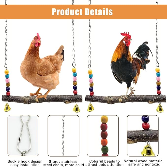 Chicken Bird Swing,Chicken Perch,Natural Wooden Swing Toys,Wood Stand for Chick,Safe and Relief of Stress,Chicken Coop Accessories,Coop Swing for Chicken Bird,Parrot,Hens (A)