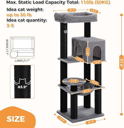 PETEPELA Cat Tree for Large Cats up to 30 lbs, 58" Heavy Duty Cat Tower with Reinforced Scratching Posts[ φ3.9”], Large Hammock, Spacious Condo & Top Perch, Sturdy Cat Furniture for Maine Coons, Black