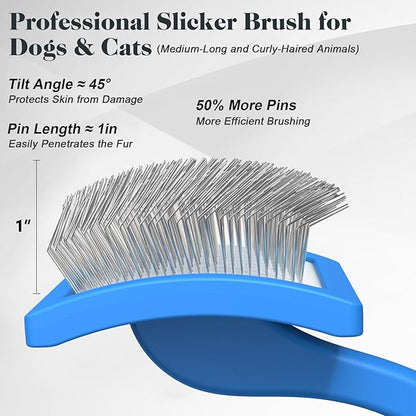 2PCS Slicker Brush for Dogs & Pet Comb,Professional Dog Grooming Brush (Goldendoodles,Poodles,Labradoodles) with Extra Long Pins to Effectively Remove Tangles, Knots and Mats-Pet Supplies(Large,Blue)