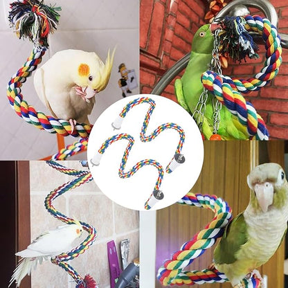 Cotton Rope Bird Perch, Spiral Bungee Toys for Parakeets, Cockatiels, Lovebirds, Finches, Colorful, 31.5 Inch, 2 Pack