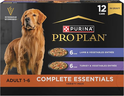 Purina Pro Plan Complete Essentials Wet Dog Food, Lamb and Vegetables and Turkey and Vegetables in Gravy Variety Pack - (Pack of 12) 13 oz. Cans