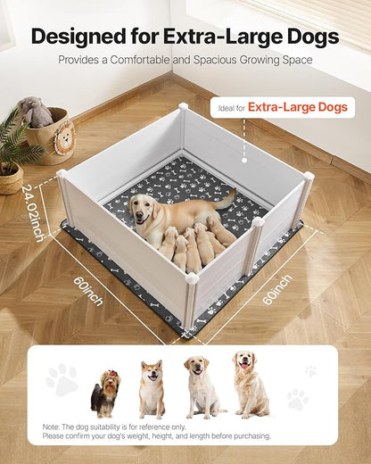 VEVOR Dogs Whelping Box, 60 x 60 x 24 inch, Plastic PVC Puppies Playpen with Height Adjustable Door and Washable Pee Pad, Anti-Deformation Indoor Puppy Play Pen for Extra Large Breed Dogs, Milk White