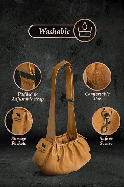 Noah & Paw Dog Sling Carrier for Small Dogs 5-18lb, Dog Sling for Small Dogs and Cats, Dog Carrier with Adjustable Padded Strap, Vegan Leather Lined with Fur, Double Safety Feature, Machine Washable