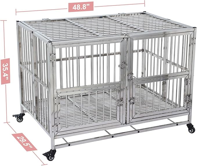 48 Inch Heavy Duty Indestructible Dog Crate, Stainless Steel Dog Cage Kennel with Lockable Wheels, High Anxiety Dog Crate with Double Door, Extra Large Crate Indoor for Large Dogs with Removable Tray