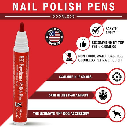 Warren London Pawdicure Dog Nail Polish Pens | Made in USA | Quick Dry, Low Odor, Non-Toxic Dog Accessories | Ideal for Dog Birthday, Dog Costume | Dries in Under 1 Minute | 13 Colors | Red