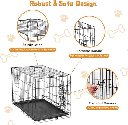DUMOS Dog Crate, 30 Inch Medium Double Door Dog Cage with Divider Panel and Plastic Leak-Proof Pan Tray, Folding Metal Wire Pet Kennel for Indoor, Outdoor, Travel