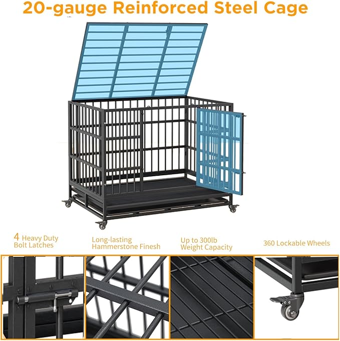 37 inch Heavy Duty Indestructible Dog Crate Steel Escape Proof,Indoor Dog House High Anxiety Cage,Kennel with Wheels,Removable Tray