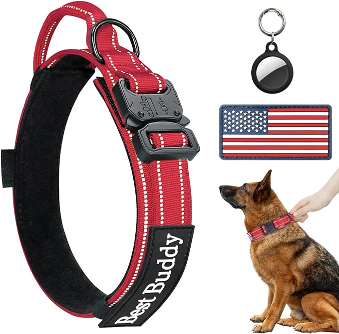 AUBELL Reflective Dog Collar, Tactical Dog Collar Military Dog Collar Adjustable Nylon Dog Collars with Handle and Heavy Metal Buckle Great for German Shepherd, with Airtag Case and Patches(Red, M)