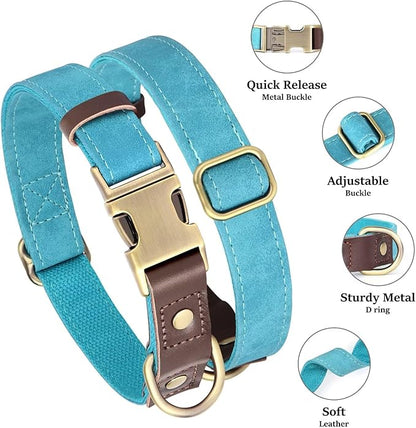 Didog Soft Padded Leather Dog Collar for Large Dogs, Classic Heavy Duty Dog Collars with Quick Release Metal Buckle, Adjustable Large Dog Collar Leather,Light Blue,L