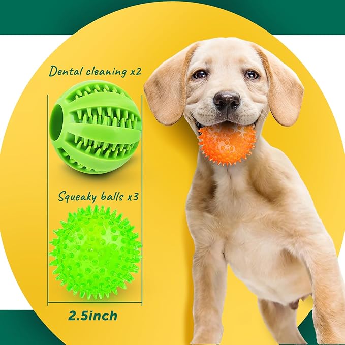 2 Different Functions Interactive Balls for Dogs 2.5” Squeaky Dog Balls Toys and Puppy Teething Chew Toy Balls for Small Dogs Dog Balls for Clean Teeth and Training （5Pcs）